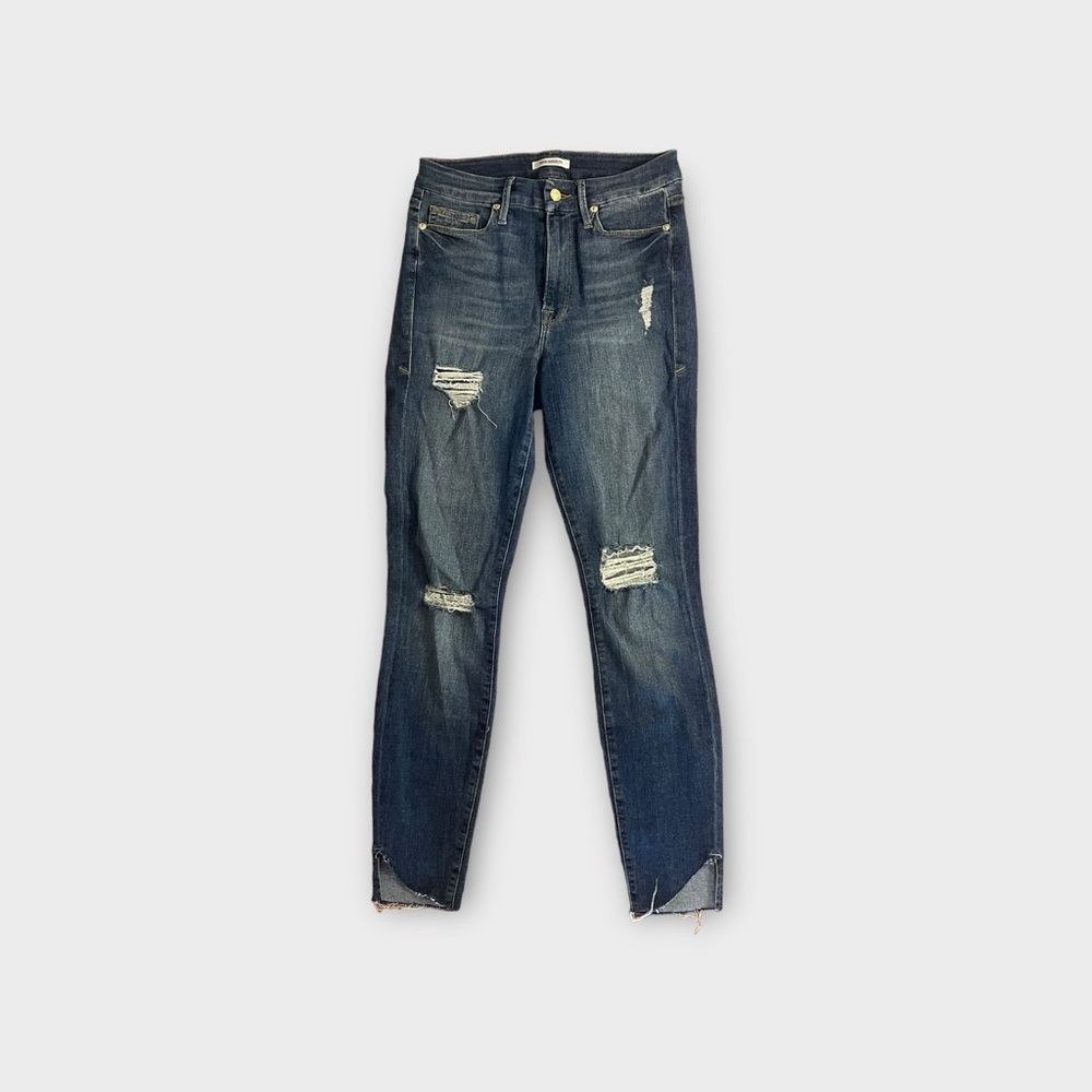 Good American Good Waist Fray Raw Hem Dark Wash Jeans